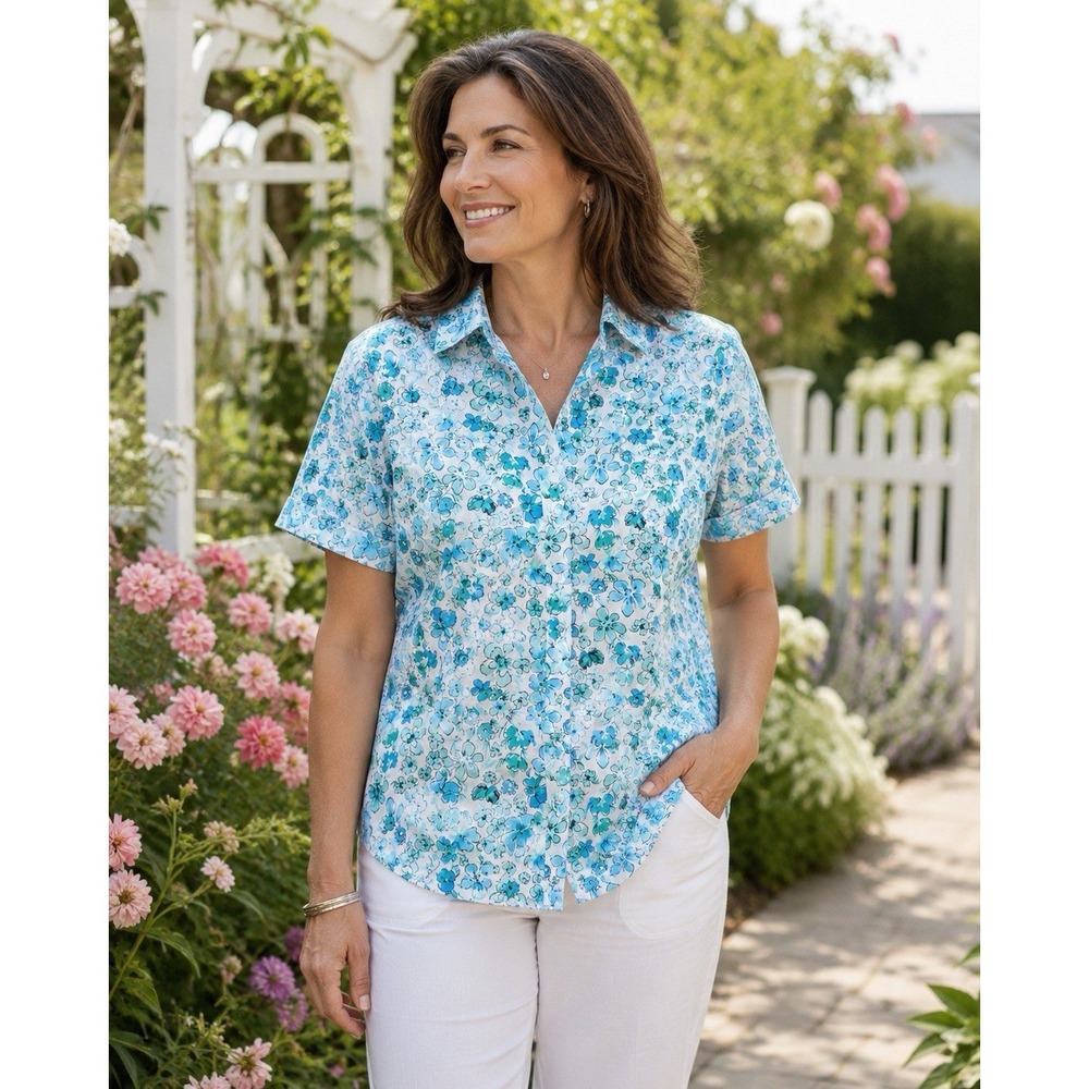 Jones New York Floral Button Front Shirt (L) COTTON-NON IRON-Career-Vacation-